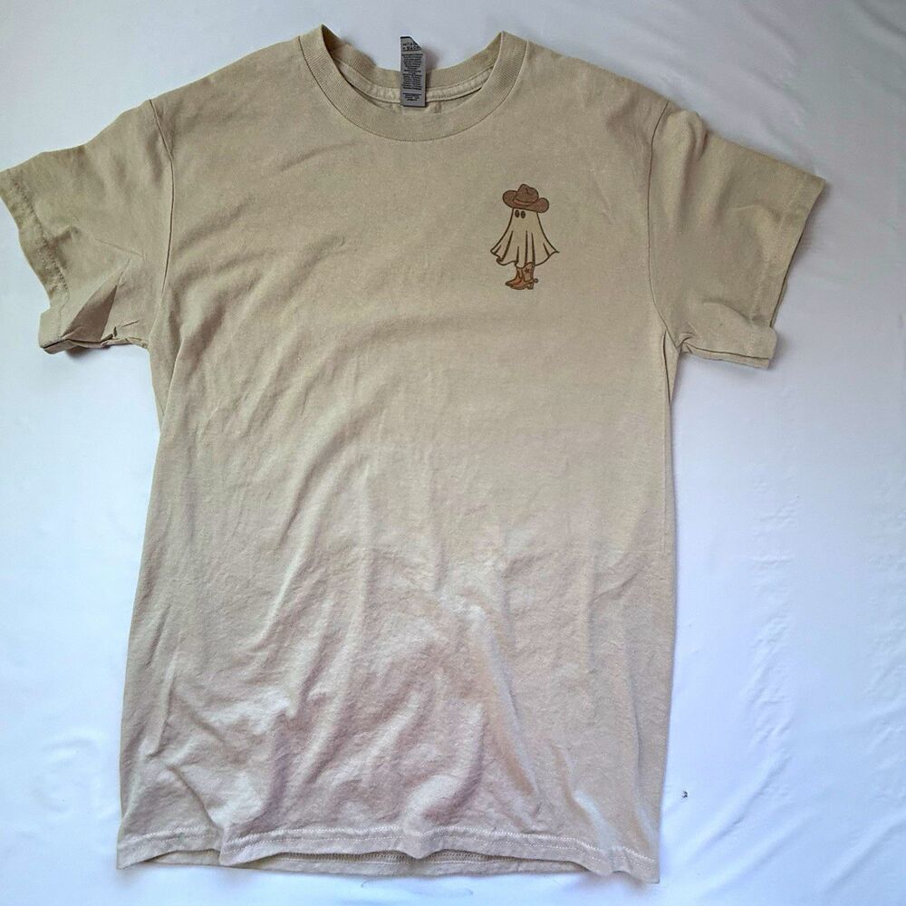 Gildan Sand Tan Cowboy Ghost Boot Graphic T Shirt Spooky Western Halloween S